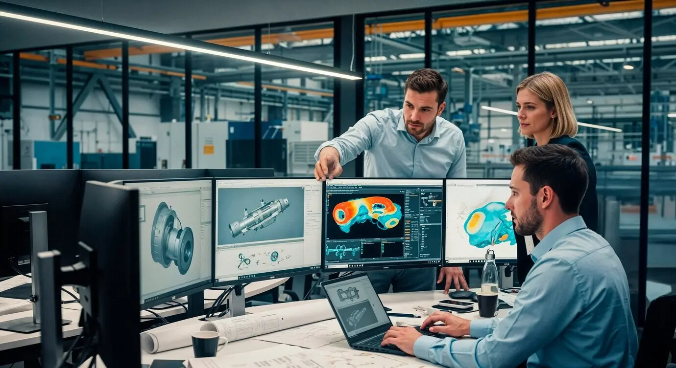 Инженеры совместно занимаются компьютерным проектированием.