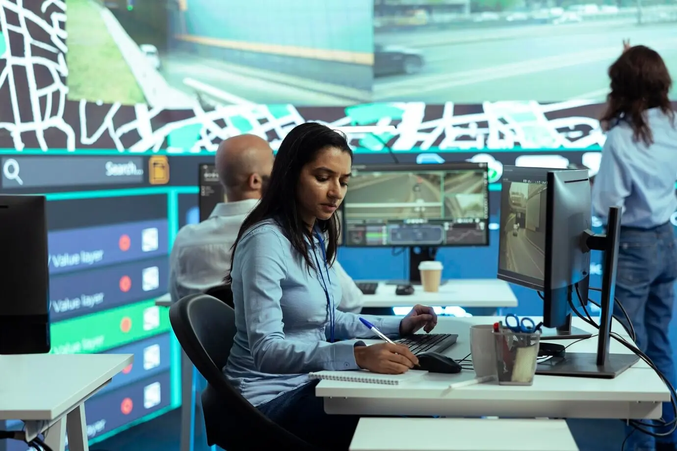 Сотрудница из Индии определяет местоположение водителей грузовиков доставки с помощью спутниковой карты.